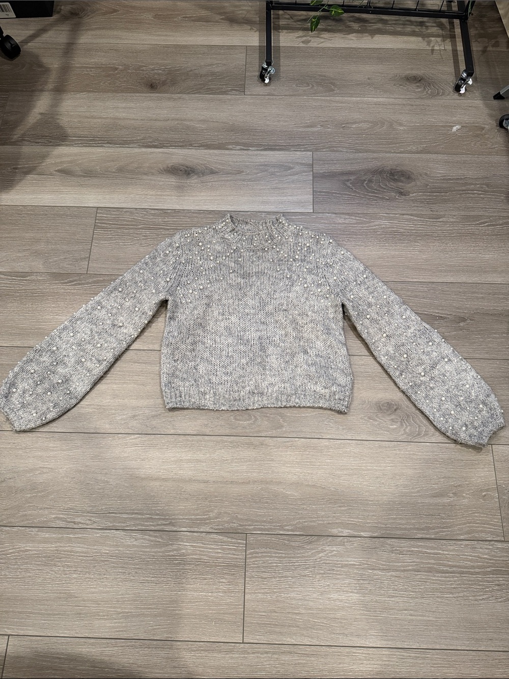 Chunky Knit Cropped Sweater with Pearl Embellishment - Light Gray UA